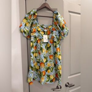 Square-Neck Puff Sleeve Tunic Dress in Sky Blue Lemon Print